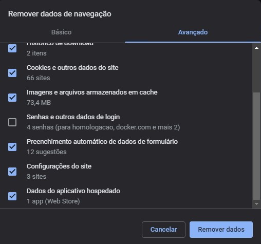 Tela remover dados de navegação opção avançado do Google Chrome