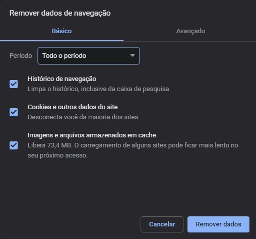 Tela remover dados de navegação no Google Chrome
