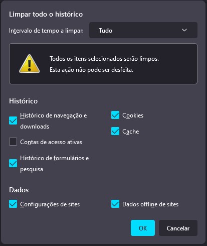 Tela limpar todo o histórico no Mozilla Firefox 