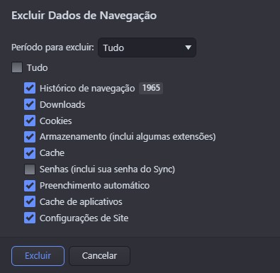 Tela excluir dados de navegação no Vivaldi