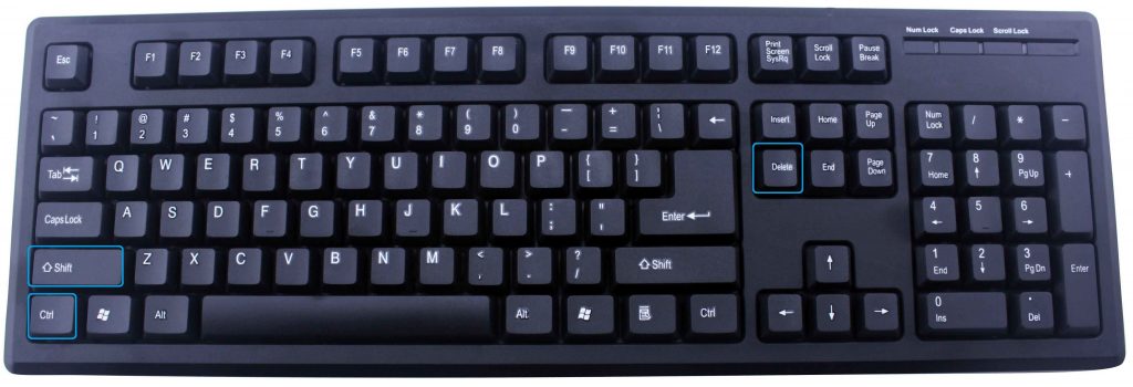 Teclado com destaque nas teclas Ctrl Shift Delete
