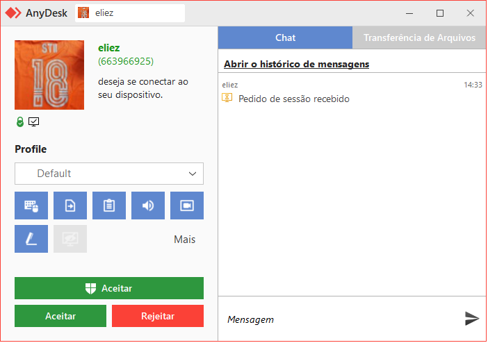 Tela de usuário remoto solicitando suporte