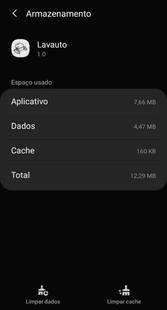 Opção armazenamento dentro de informações de aplicativo