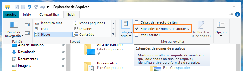 Configuração para exibir extensões de arquivo no explorador de arquivos no Windows 10